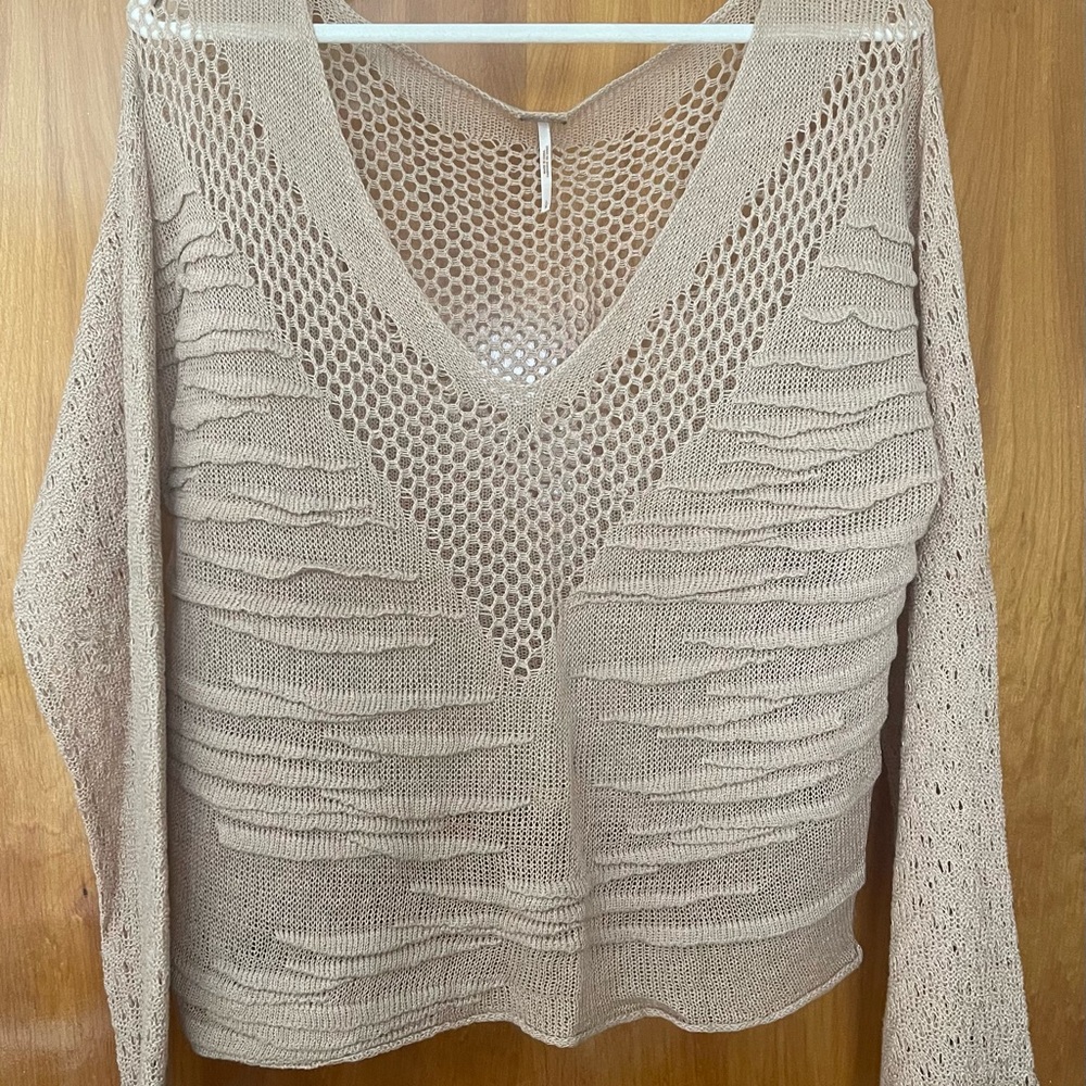 Free People Tan V-Neck Sweater with Textured Knit